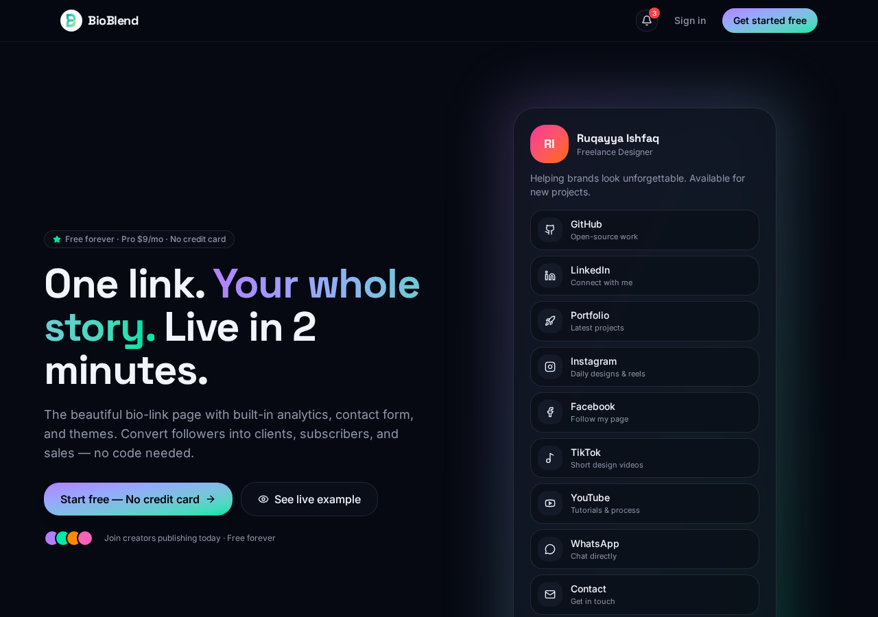 BioBlend landing page and live bio preview