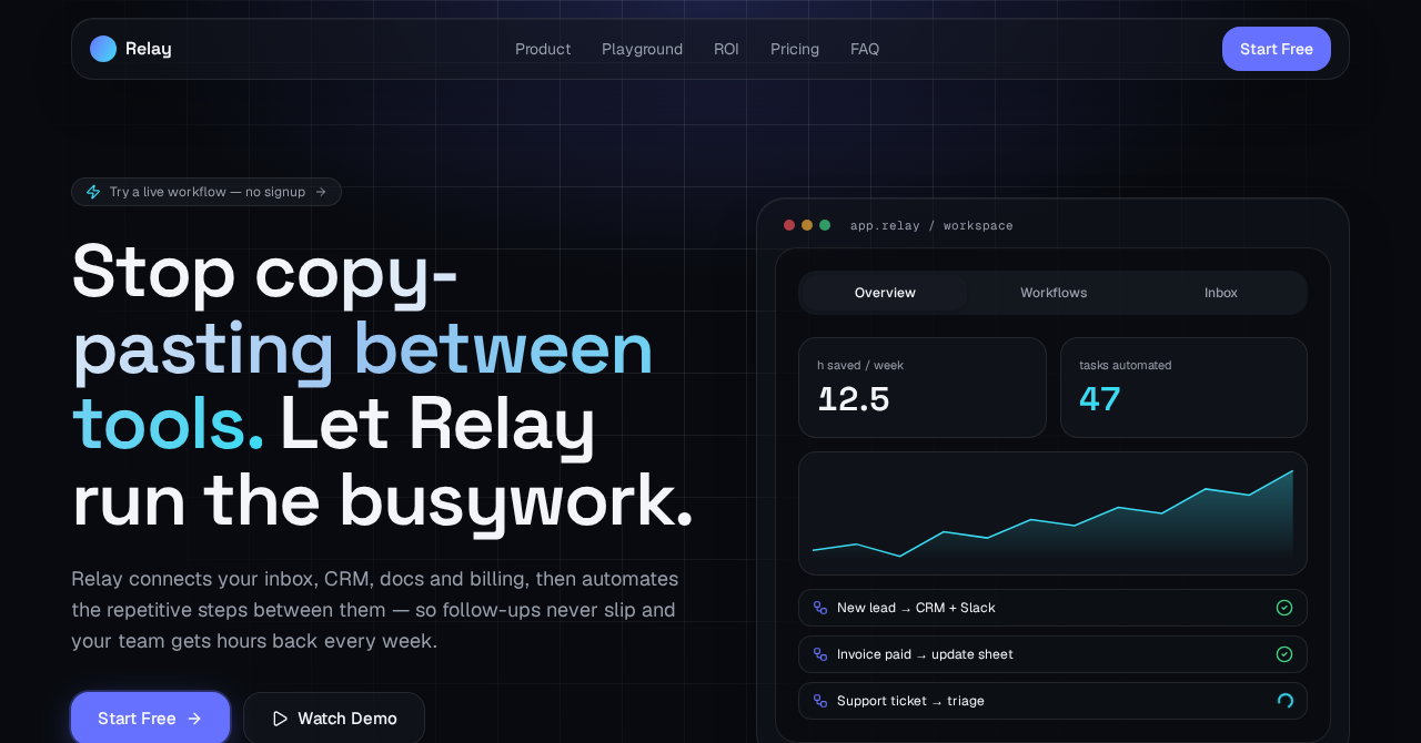 Relay workflow automation product homepage and workspace
